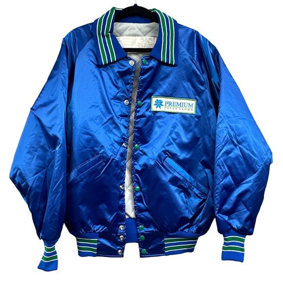 VTG Delong Jacket Lg Satin Quilted Bomber Blue Premium Fresh Farms 80s Retro USA - Picture 6 of 16